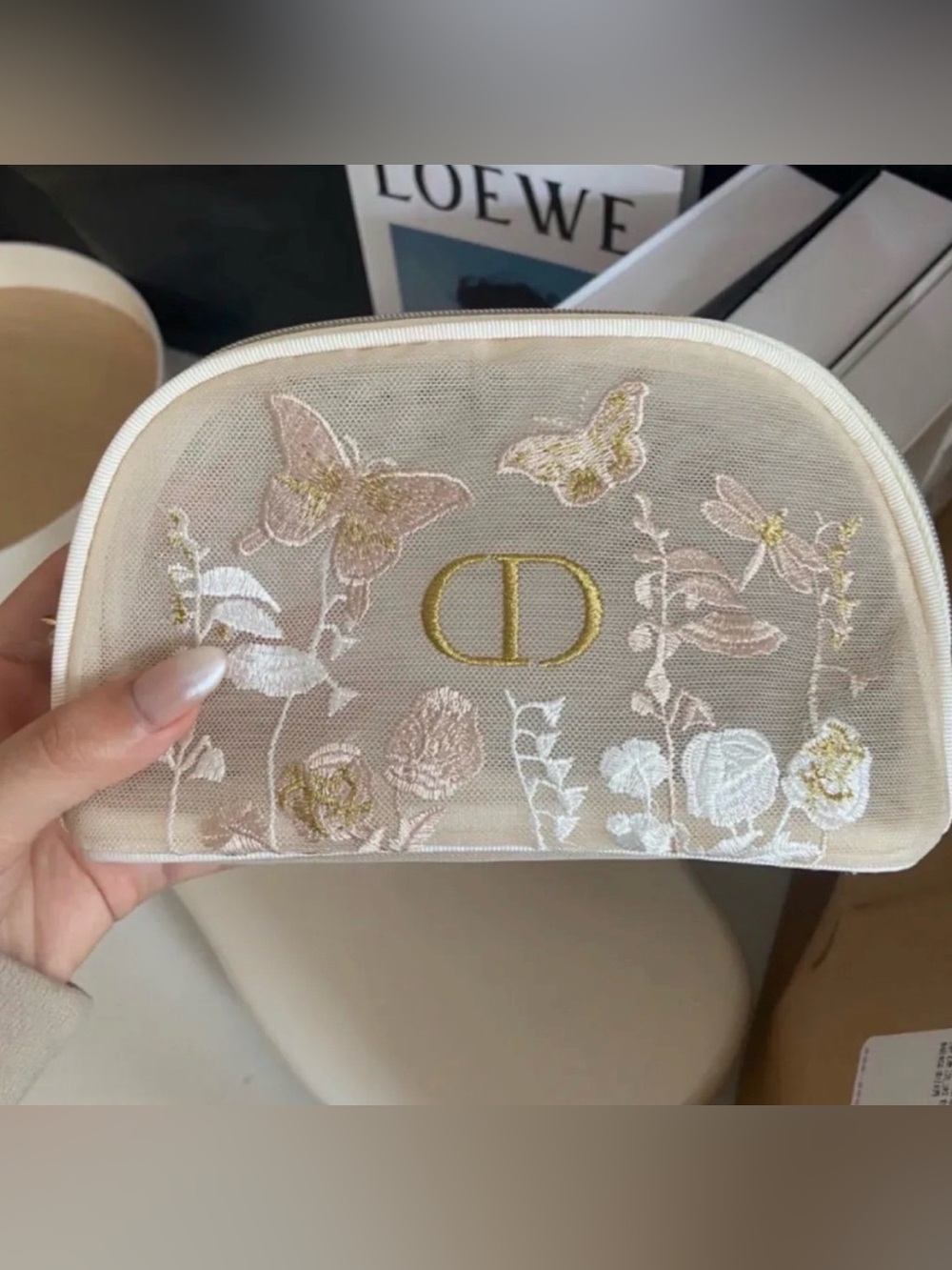 Dior Embroidered Butterfly Mesh Cosmetic Pouch in Beige